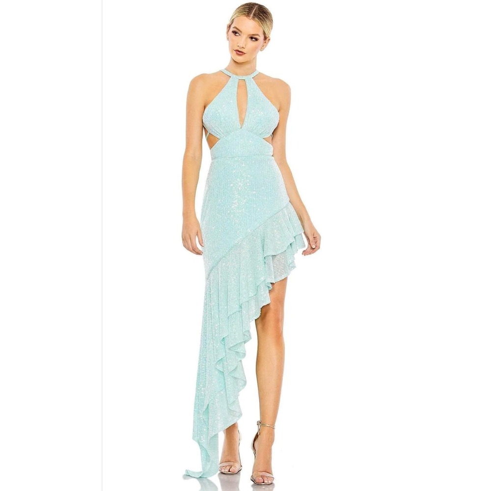 NWT Ieena Mac Duggal Aqua Sequin Halter Cutout Asymmetrical Ruffle Gown Size 2